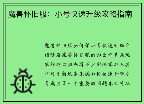 魔兽怀旧服:小号快速升级攻略指南